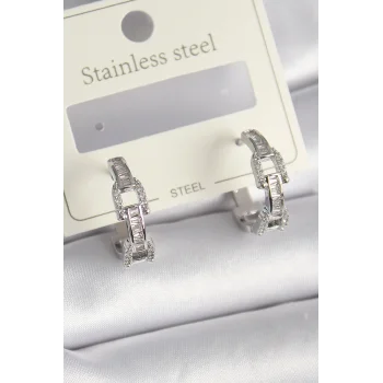 Pirinç Gümüş Renk Zirkon Taşlı Zincir Model Kadın Küpe