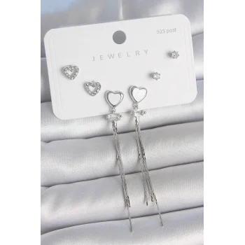 Pirinç Gümüş Sallantı Beyaz Mineli Kalp Model Zirkon Taşlı Kalp Detay 925 Ayar Gümüş Çivi Kadın Küpe Seti