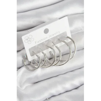 Pirinç Halka Model Gümüş Renk Kadın Set Küpe