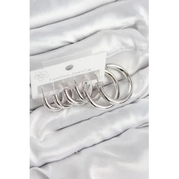 Pirinç Halka Model Gümüş Renk Kadın Set Küpe