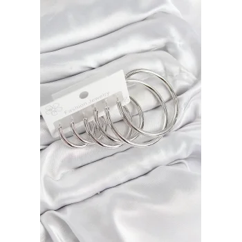 Pirinç Halka Model Gümüş Renk Kadın Set Küpe