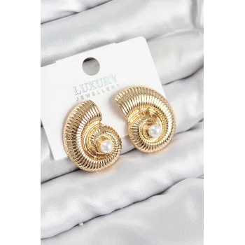 Pirinç İnci Detaylı Girdap Model Gold Renk Kadın Küpe