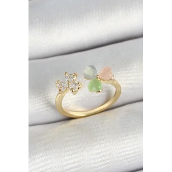 Pirinç Kalp Figürlü Zirkon Taşlı Gold Renk Ayarlanabilir Kadın Yüzük