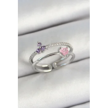 Pirinç Kalp Ve Çiçek Figürlü Zirkon Taşlı Gümüş Renk Ayarlanabilir Kadın Yüzük