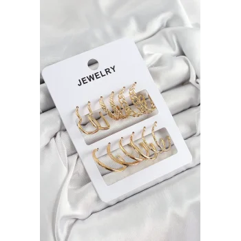 Pirinç Karışık Halka Model Gold Renk 6 Çift Kadın Küpe Set
