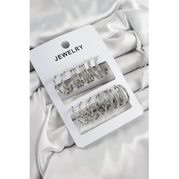 Pirinç Karışık Halka Model Gümüş Renk 6 Çift Kadın Küpe Set