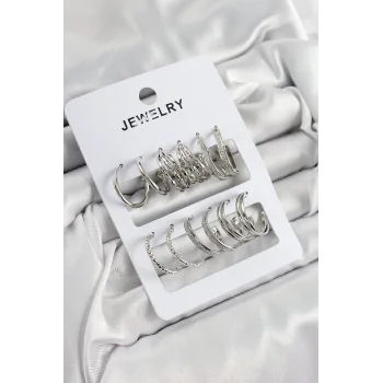 Pirinç Karışık Halka Model Gümüş Renk 6 Çift Kadın Küpe Set