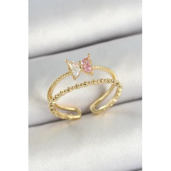 Pirinç Kelebek Figürlü Zirkon Taşlı Gold Renk Ayarlanabilir Kadın Yüzük