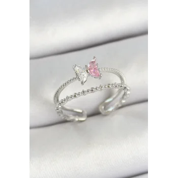 Pirinç Kelebek Figürlü Zirkon Taşlı Gümüş Renk Ayarlanabilir Kadın Yüzük