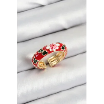 Pirinç Kırmızı Mineli Çiçek Motifli Gold Renk Ayarlanabilir Kadın Yüzük