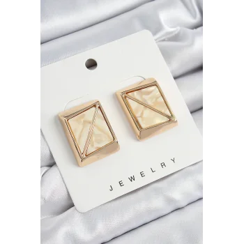 Pirinç Krem Üçgen Kesim Detaylı Kare Model Vintage Gold Renk Kadın Küpe