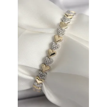 Pirinç Mix Renk Zirkon Taşlı Kalp Model VIP Seri Kadın Bileklik