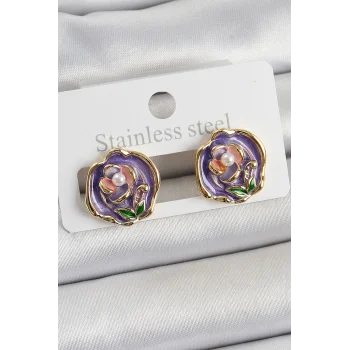 Pirinç Mor Mineli Çiçek Figürlü Sanatsal Portre Model Gold Renk Kadın Küpe