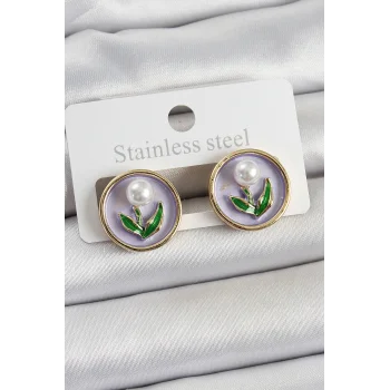 Pirinç Mor Mineli Lale Figürlü Sanatsal Portre Model Gold Renk Kadın Küpe