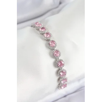 Pirinç Pembe Zirkon Taşlı Daire Baget Model Gümüş Renk VIP Seri Kadın Bileklik