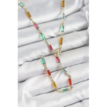 Pirinç Renkli Zirkon Taşlı Dikdörtgen Model Gold Renk Kadın Y Kolye