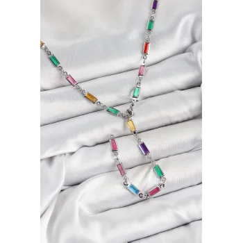 Pirinç Renkli Zirkon Taşlı Dikdörtgen Model Gümüş Renk Kadın Y Kolye