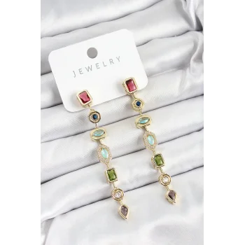 Pirinç Renkli Zirkon Taşlı Sallantılı Model Gold Renk Kadın Küpe