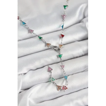 Pirinç Renkli Zirkon Taşlı Üçgen Model Gümüş Renk Kadın Y Kolye