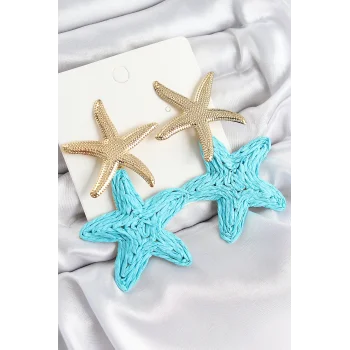 Pirinç Sallantılı Turkuaz Deniz Yıldızı Model Gold Renk Hasır Küpe