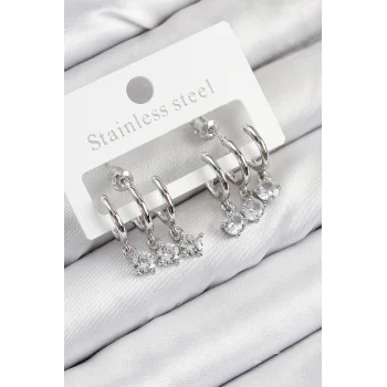 Pirinç Sallantılı Zirkon Taşlı Model Gümüş Renk Kadın Küpe