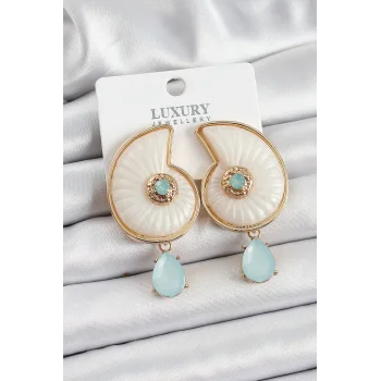 Pirinç Sedef Deniz Kabuğu Figürlü Zirkon Taşlı Gold Renk Kadın Küpe