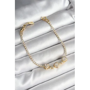 Pirinç Sıralı Kalp Figürlü Zirkon Taşlı Gold Renk Kadın Bileklik