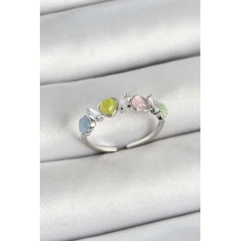 Pirinç Sıralı Kalp Figürlü Zirkon Taşlı Gümüş Renk Ayarlanabilir Kadın Yüzük