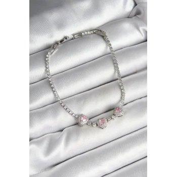 Pirinç Sıralı Pembe Kalp Figürlü Zirkon Taşlı Gümüş Renk Kadın Bileklik