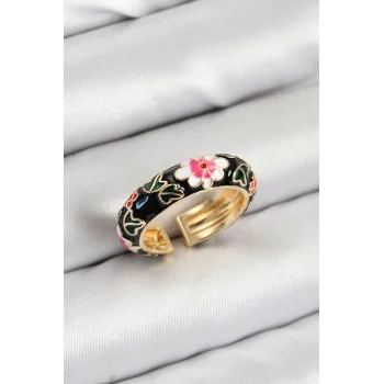Pirinç Siyah Mineli Çiçek Motifli Gold Renk Ayarlanabilir Kadın Yüzük
