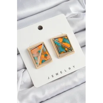 Pirinç  Turuncu Yeşil Üçgen Kesim Detaylı Kare Model Vintage Gold Renk Kadın Küpe