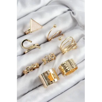 Pirinç Üçgen Model Gold Renk Kadın Yüzük Kombin Set
