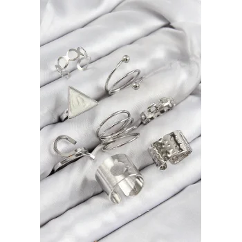 Pirinç Üçgen Model Gümüş Renk Kadın Yüzük Kombin Set