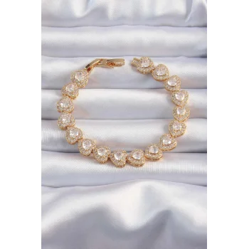 Pirinç Vip Seri Gold Renk Zirkon Taşlı Kalp Model Bileklik