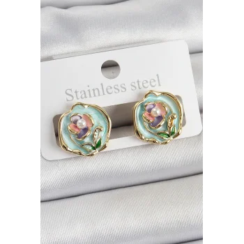 Pirinç Yeşil Mineli Çiçek Figürlü Sanatsal Portre Model Gold Renk Kadın Küpe