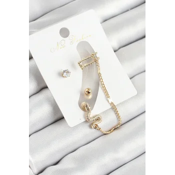 Pirinç Yılan Figürlü Zirkon Taşlı Gold Renk 3lü Kıkırdak Kadın Küpe Set