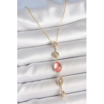 Pirinç Zincir Pembe Gold Renk Zirkon Taşlı Y Kolye
