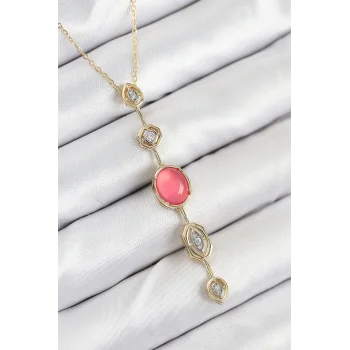 Pirinç Zincir Pembe Gold Renk Zirkon Taşlı Y Kolye