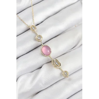 Pirinç Zincir Pembe Gold Renk Zirkon Taşlı Y Kolye
