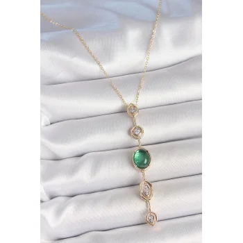 Pirinç Zincir Zümrüt Yeşil Gold Renk Zirkon Taşlı Y Kolye