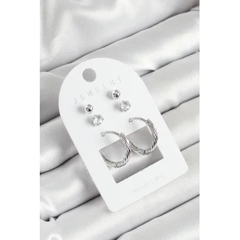 Pirinç Zirkon Taş Ve Halka Figürlü Gümüş Renk 3lü Çift Kadın Küpe Set