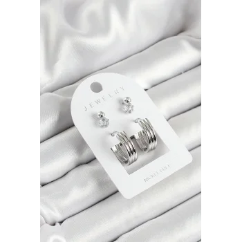 Pirinç Zirkon Taş Ve Halka Figürlü Gümüş Renk 3lü Çift Kadın Küpe Set