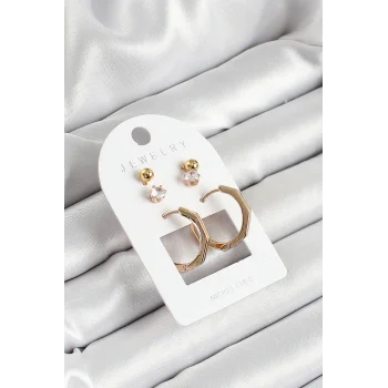 Pirinç Zirkon Taş Ve Kemik Halka Figürlü Gold Renk 3lü Çift Kadın Küpe Set