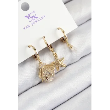 Pirinç Zirkon Taşlı 3lü İstiridye Ve Yıldız Model Gold Renk Kadın Küpe