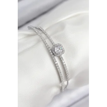 Pirinç Zirkon Taşlı Baget Model Gümüş Renk Kadın Bileklik