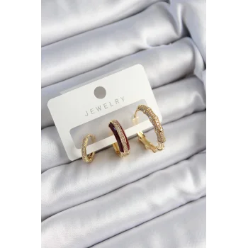 Pirinç Zirkon Taşlı Bordo Halka Model Gold Renk 3lü Çift Kadın Küpe Set