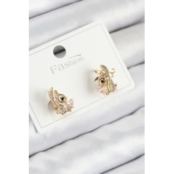 Pirinç Zirkon Taşlı Ceylan Model Gold Renk Çocuk Küpe