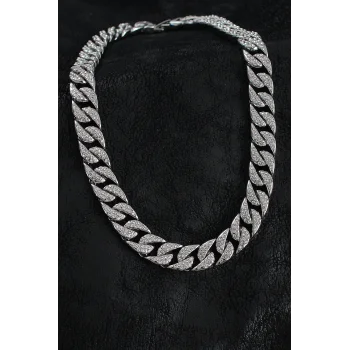 Pirinç Zirkon Taşlı Cuba Gurmet Model Gümüş Renk Erkek Kolye