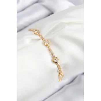 Pirinç Zirkon Taşlı Daire Model Gold Renk Asansörlü Kadın Bileklik