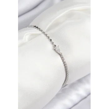 Pirinç Zirkon Taşlı Damla Model Ezme Zincir Gümüş Renk Kadın Bileklik